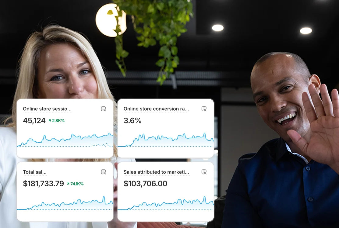 A woman and a man sitting together, smiling at the camera, with data metrics overlayed. Metrics displayed include online store sessions (45,124), conversion rate (3.6%), total sales ($181,733.79), and sales from marketing ($103,706.00).
