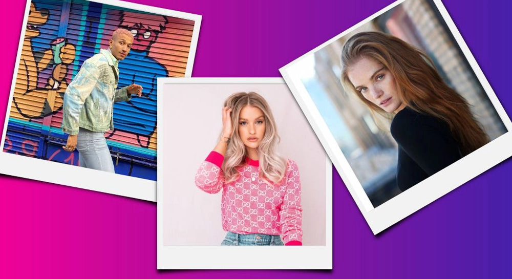 Three angled polaroid-style photos on a vibrant purple and pink background. The images show diverse individuals: one poses by colorful graffiti, another in a patterned pink sweater with blonde hair, and a third with long red hair wearing black.