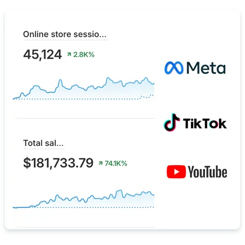 Infographic showing online store sessions at 45,124 with a 2.8% increase and total sales at $181,733.79 with a 74.1% increase. Logos of Meta, TikTok, and YouTube appear on the right.
