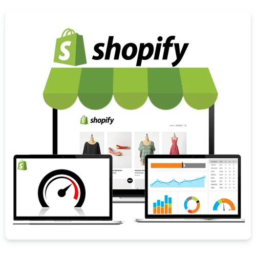 Illustration of the Shopify logo above a green awning. Below are three laptop screens displaying a clothing website, a speedometer graphic, and analytics charts, symbolizing e-commerce and performance tracking.
