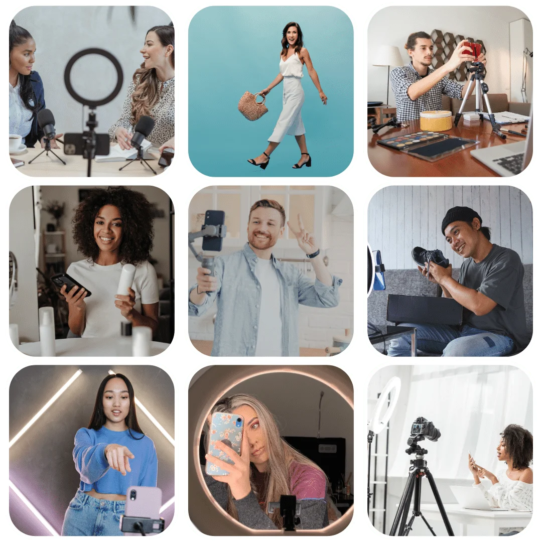 A collage of nine photos showing diverse people engaging in content creation activities. They use cameras, smartphones, lighting, and other equipment for filming, photography, and social media tasks in various settings.